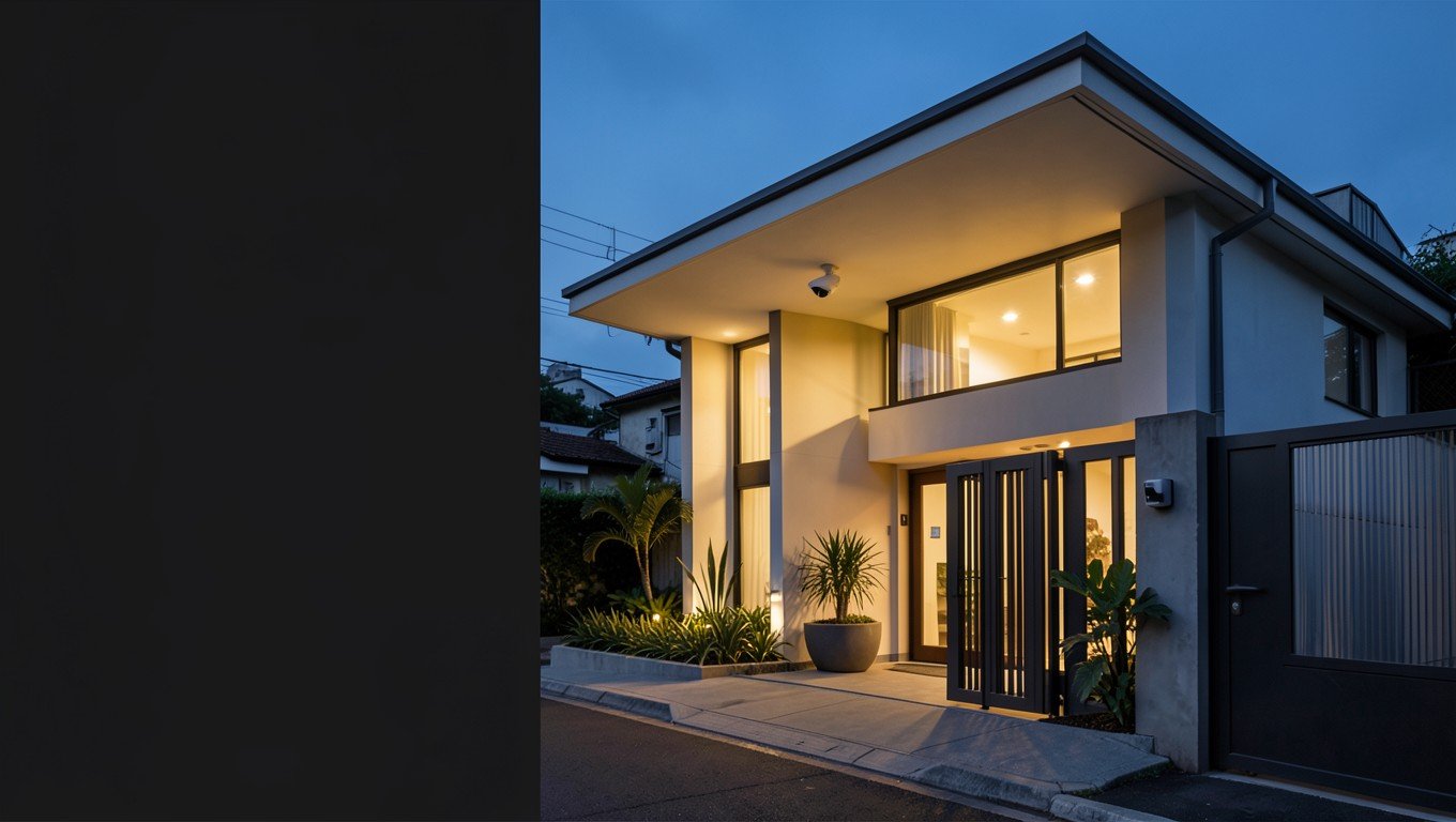 Acceso de vivienda contemporánea protegido con soluciones de seguridad